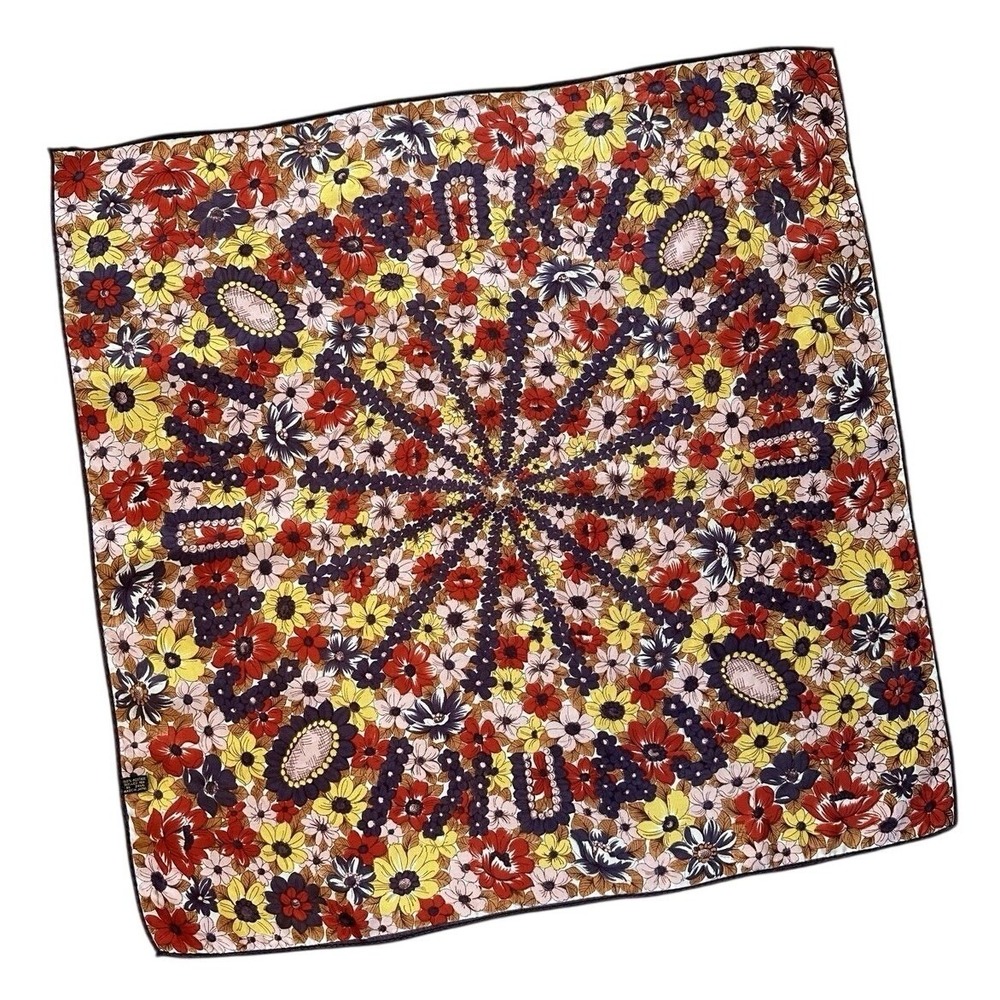 Vintage 1970s Floral Scarf Made in Japan Rolled Hem Mod Brown Pink Autumn 25x25